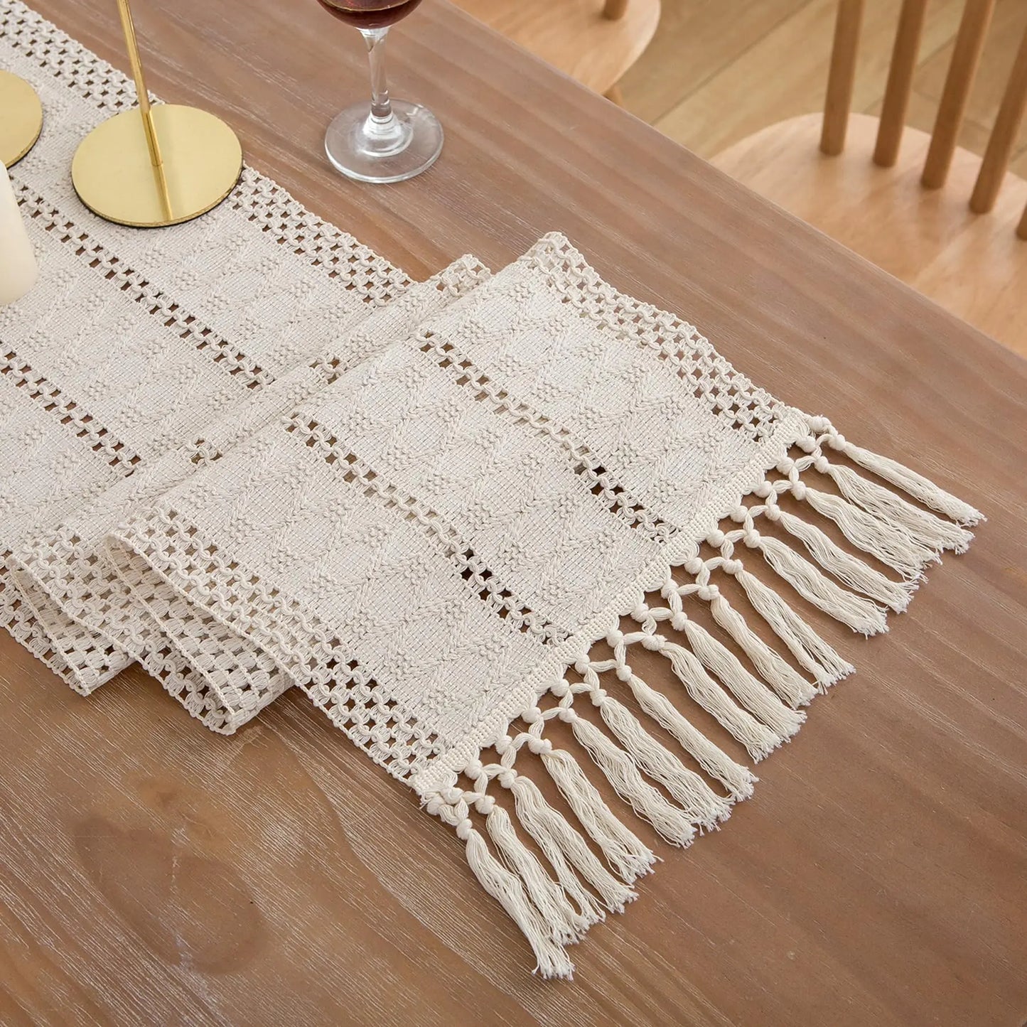 LIGICKY Boho Beige Table RunnerModern Farmhouse Style Rustic Moroccan Hand Woven Table Runner with Tassels (12x108 inch)
