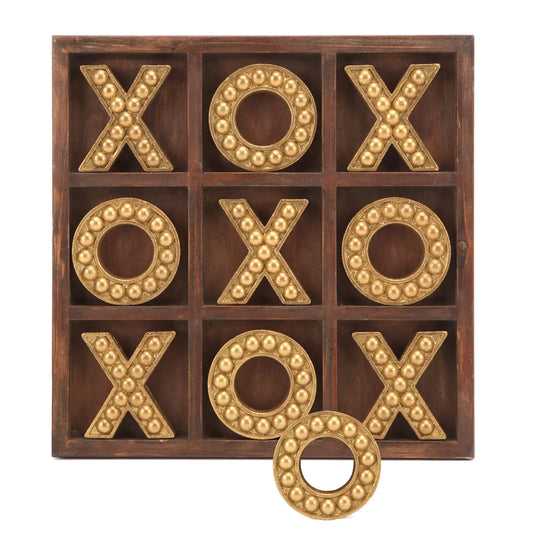 NIKKY HOME Tic Tac Toe Game Coffee Table Decor 10.6 Inch Rustic Wooden Board Gold