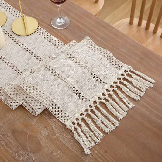 LIGICKY Boho Beige Table RunnerModern Farmhouse Style Rustic Moroccan Hand Woven Table Runner with Tassels (12x108 inch)
